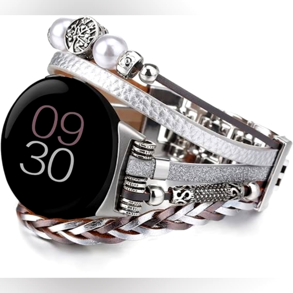 CHARMINGO Boho Leather Band for Google Pixel Smart Watch 2022 (silver)
